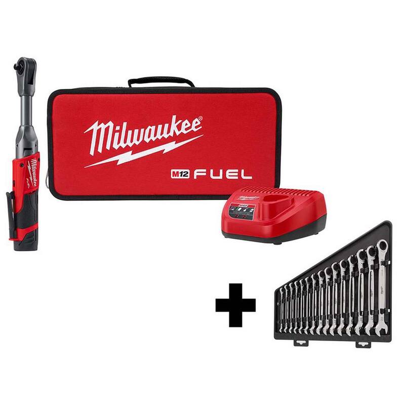 Kit de trinquete extendido inalámbrico Milwaukee M12 FUEL 12V de iones de litio sin escobillas de 3/8 pulg. con juego de llaves de trinquete métricas - 2560-21-48-22-9516