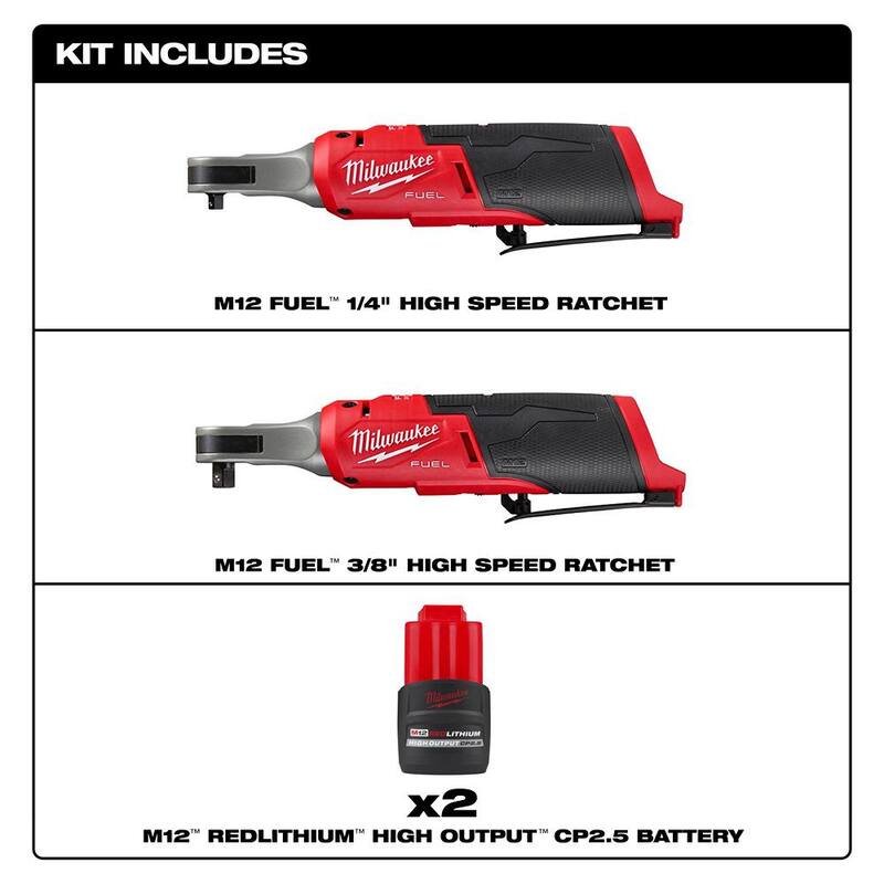 Milwaukee M12 FUEL 12-Volt Lithium-Ion Brushless - Llaves de trinquete inalámbricas de alta velocidad de 3/8 y 1/4 pulgadas con (2) baterías M12 CP 2.5 Ah - 2567-20-2566-20-48-11-2425-48-11-2425
