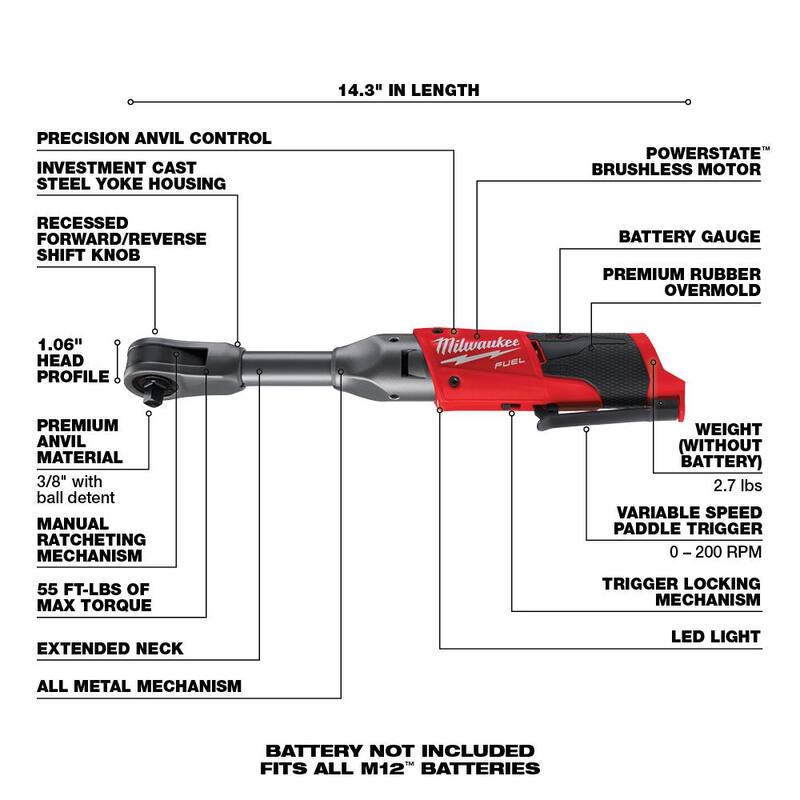 Milwaukee M12 FUEL 12V Lithium-Ion Brushless Ratchet y Ratchet con Alcance Extendido 3/8 pulg. Inalámbrico (Herramienta solamente) con Botas Protectoras - 2557-20-2560-20-49-16-2557-49-16-2560