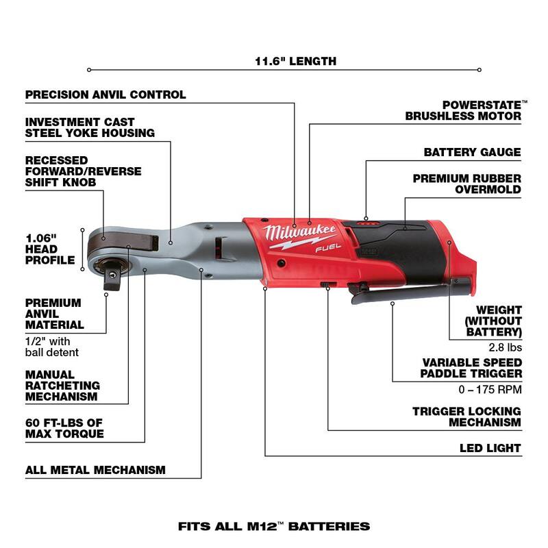 Kit combinado de trinquete inalámbrico sin escobillas Milwaukee M12 FUEL de 12V con batería de 2.0Ah y cargador - 2557-20-2558-20-48-59-2420