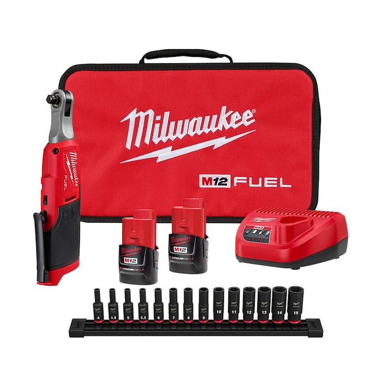 Juego de trinquete inalámbrico Milwaukee M12 FUEL de 12V de alta velocidad de 3/8 pulgadas con juego de dados de impacto profundo métricos de 1/4 de pulgada (14 piezas) - 2567-22-49-66-7003