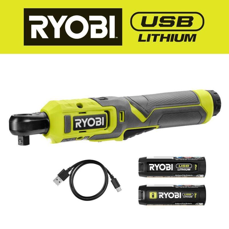 Juego de trinquete RYOBI USB de litio de 3/8 pulg. con batería de 2.0 Ah, cable de carga y batería de litio USB de 3.0 Ah - FVRC51K-FVB03
