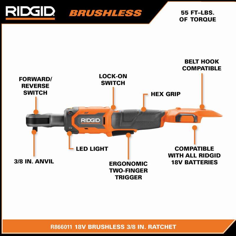 RIDGID 18V Juego de trinquete inalámbrico sin escobillas de 3/8 de pulgada con batería de 2.0 Ah y cargador y protector - R866011K-AC13B03N
