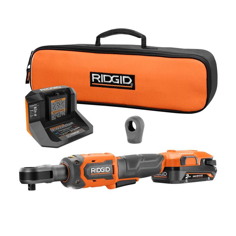 RIDGID 18V Juego de trinquete inalámbrico sin escobillas de 3/8 de pulgada con batería de 2.0 Ah y cargador y protector - R866011K-AC13B03N