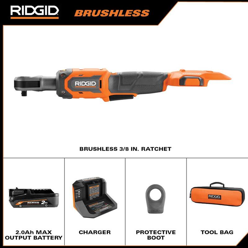RIDGID 18V Juego de trinquete inalámbrico sin escobillas de 3/8 de pulgada con batería de 2.0 Ah y cargador y protector - R866011K-AC13B03N