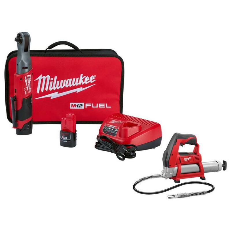 Milwaukee M12 FUEL 12V Lithium-Ion Brushless Cordless 3/8 in. Ratchet Kit con Pistola de Grasa M12 - 2557-22-2446-20