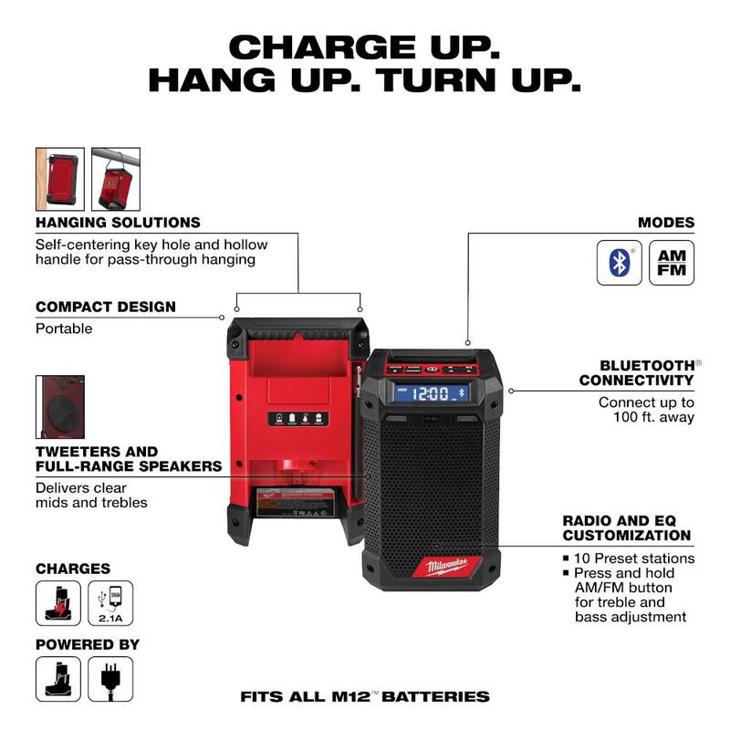 Milwaukee M12 12V Llave de trinquete inalámbrica de 3/8 de pulgada y Radio de obra Bluetooth/AM/FM con 2 baterías - 2951-20-2457-20-48-11-2420-48-11-2420