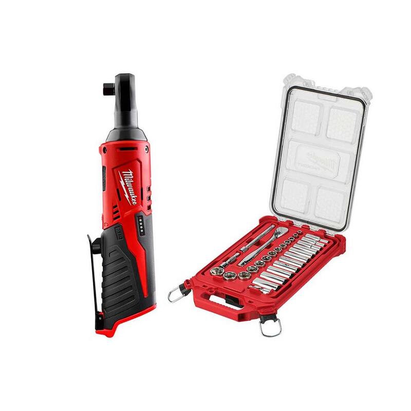 Milwaukee M12 12V Llave de trinquete inalámbrica de 3/8 pulg con llave de trinquete y juego de herramientas mecánicas de enchufe SAE de 3/8 pulg con estuche PACKOUT - 2457-20-48-22-9481