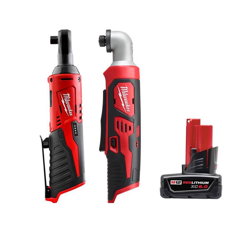 Candado inalámbrico de trinquete de 3/8 pulgadas con controlador de impacto hexagonal de ángulo recto de 1/4 pulgadas y batería XC de 6.0 Ah de 12V de iones de litio Milwaukee - 2457-20-2467-20-48-11-2460