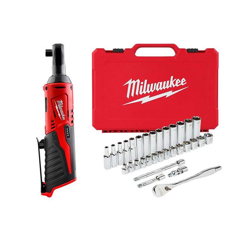 Llave de trinquete inalámbrica Milwaukee M12 12V de 3/8 pulgadas con set de herramientas métricas de trinquete y dados de 3/8 pulgadas (32 piezas) - 2457-20-48-22-9508