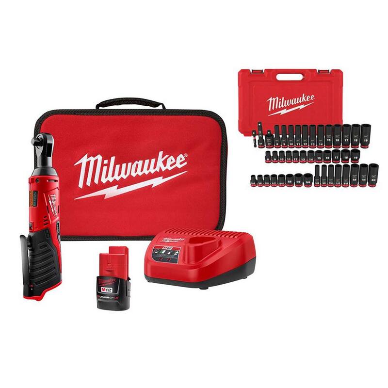 Juego de llave de trinquete inalámbrica Milwaukee M12 12V 3/8 pulgadas de iones de litio con juego de dado de impacto de 6 puntos SAE/métrico SHOCKWAVE 3/8 pulgadas (43 piezas) - 2457-21-49-66-7009