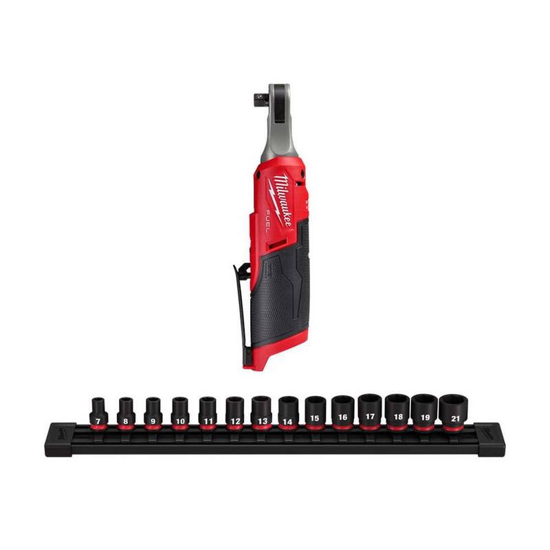 Juego de llave de trinquete inalámbrica sin escobillas de ión litio de 12V de alta velocidad de Milwaukee M12 FUEL 3/8 in. con juego de enchufes de impacto métricos de 6 puntos de 3/8 in. de unidad - 2567-20-49-66-7007
