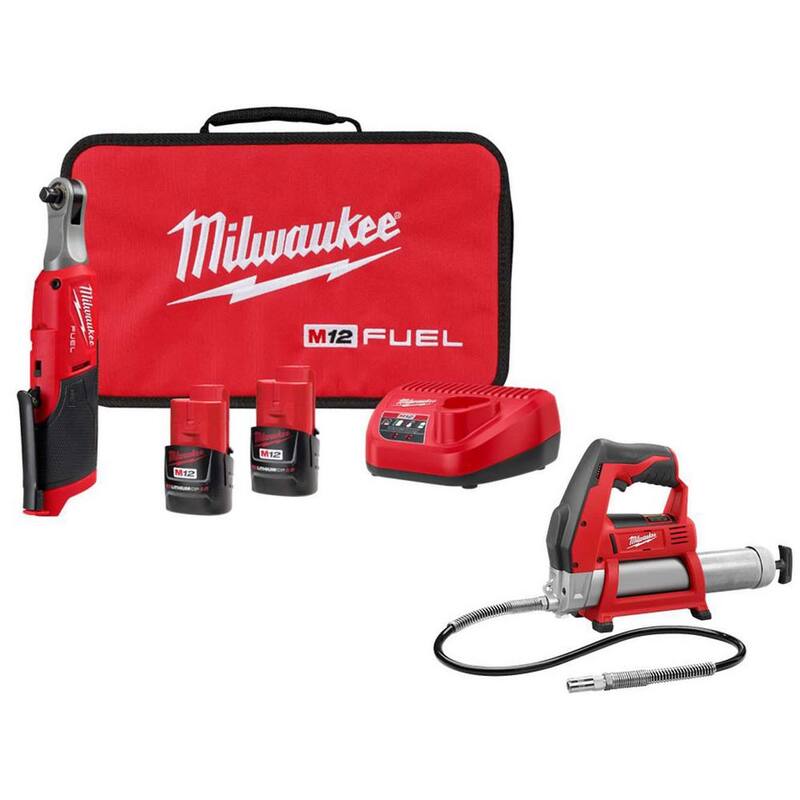 Juego de trinquete inalámbrico sin escobillas de iones de litio de 12V Milwaukee M12 FUEL de alta velocidad de 3/8 pulgadas con pistola de grasa M12 - 2567-22-2446-20