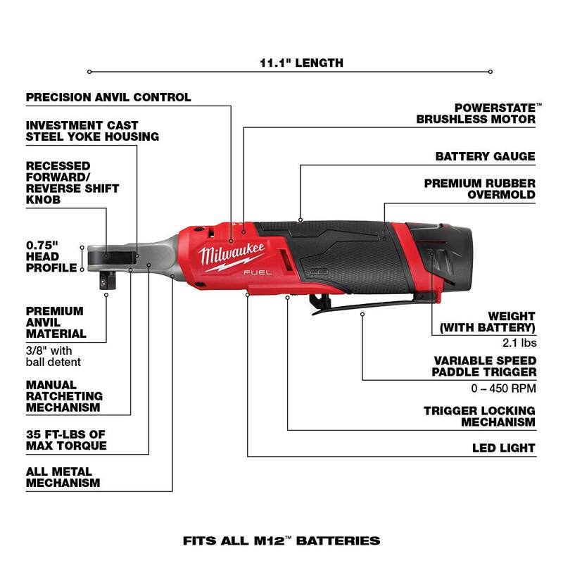 Milwaukee M12 FUEL 12V Inalámbrico de Alta Velocidad 3/8 pulg. Juego de Ratchet con Impact Duty 3/8 pulg. Juego de Llaves de Vaso de Impacto Profundo SAE (8 piezas) - 2567-22-49-66-7024