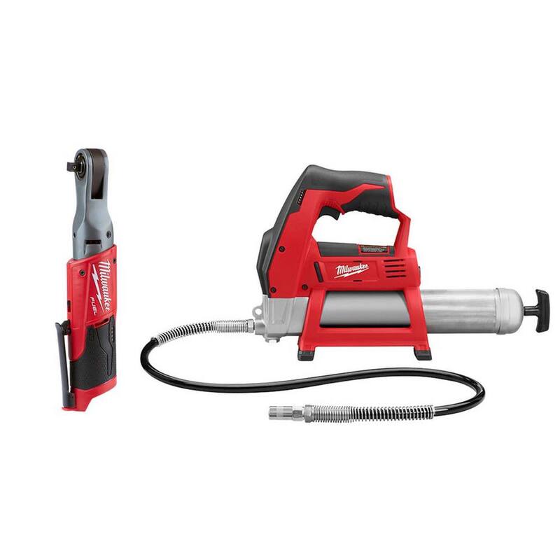 Milwaukee M12 FUEL 12V Llave de trinquete inalámbrica sin escobillas de litio de 3/8 pulgadas con pistola de grasa inalámbrica de litio M12 12V (solo herramienta) - 2557-20-2446-20