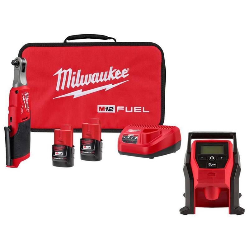Milwaukee M12 FUEL 12V Lithium-Ion Brushless Cordless High Speed 3/8 in. Ratchet Kit con Inflador Compacto M12 - 2567-22-2475-20