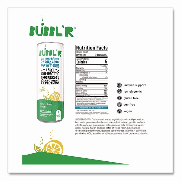 Bubblr Antioxidant Sparkling Water, Lemon Lime Twist'r, 12PK - WIC60014