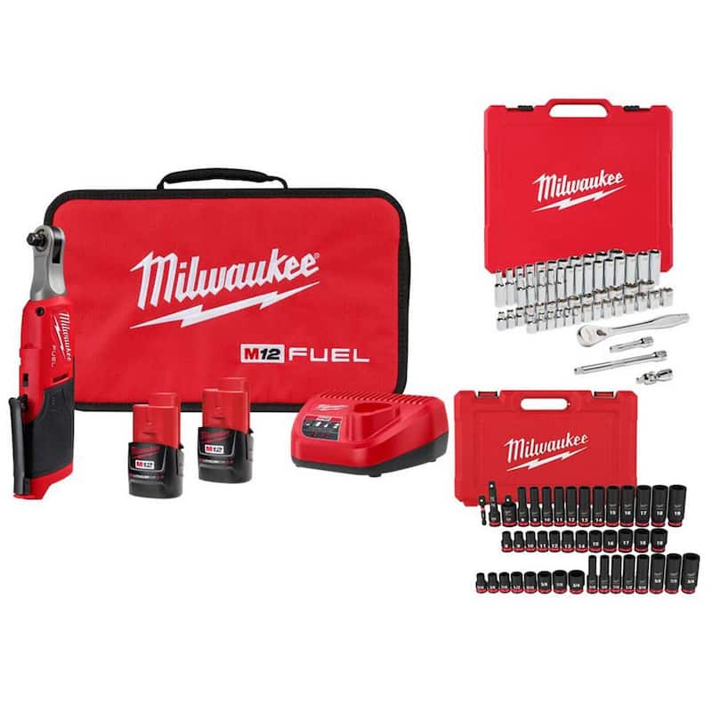 Milwaukee M12 FUEL 12-Volt Lithium-Ion 3/8 in. Brushless Cordless Ratchet Kit with Mechanics and Impact Sockets (104-Piece) - 2567-22-48-22-9008-49-66-7009

Milwaukee M12 FUEL Juego de trinquete inalámbrico sin escobillas de iones de litio de 12 voltios y 3/8 pulg. con herramientas mecánicas y enchufes de impacto (104 piezas) - 2567-22-48-22-9008-49-66-7009