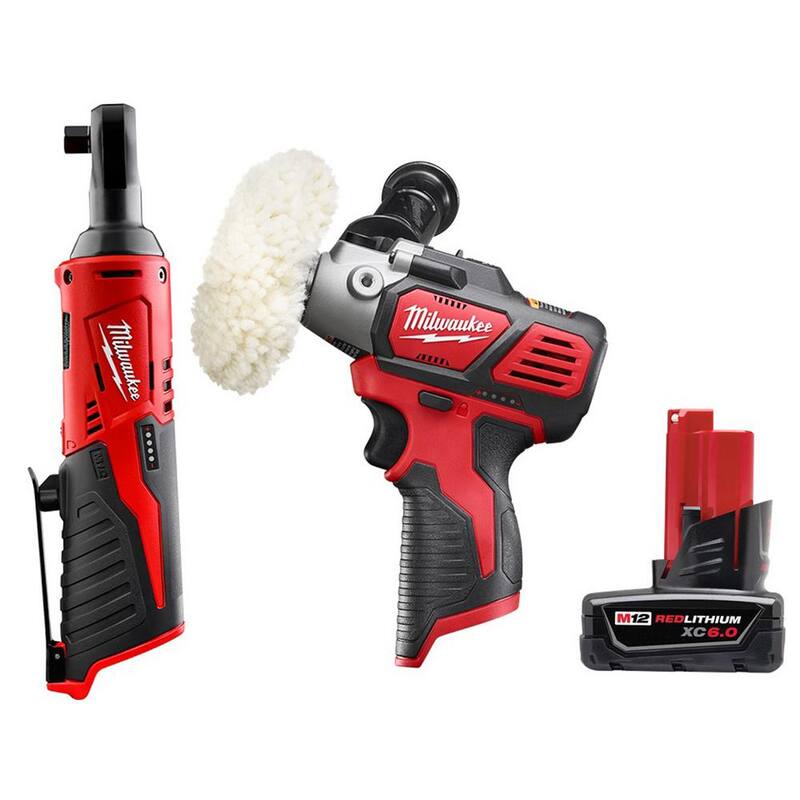 Milwaukee M12 12V Llave de trinquete inalámbrica de 3/8 de pulgada con pulidora/lijadora de velocidad variable M12 y paquete de batería XC de 6.0 Ah - 2457-20-2438-20-48-11-2460