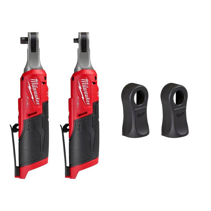 Llave de trinquete inalámbrica sin escobillas Milwaukee M12 FUEL de 12V de Alto Desempeño con Batería de Iones de Litio de 3/8 y 1/4 de pulgada, con 2 botas de goma para trinquete - 2567-20-2566-20-49-16-2567-49-16-2567