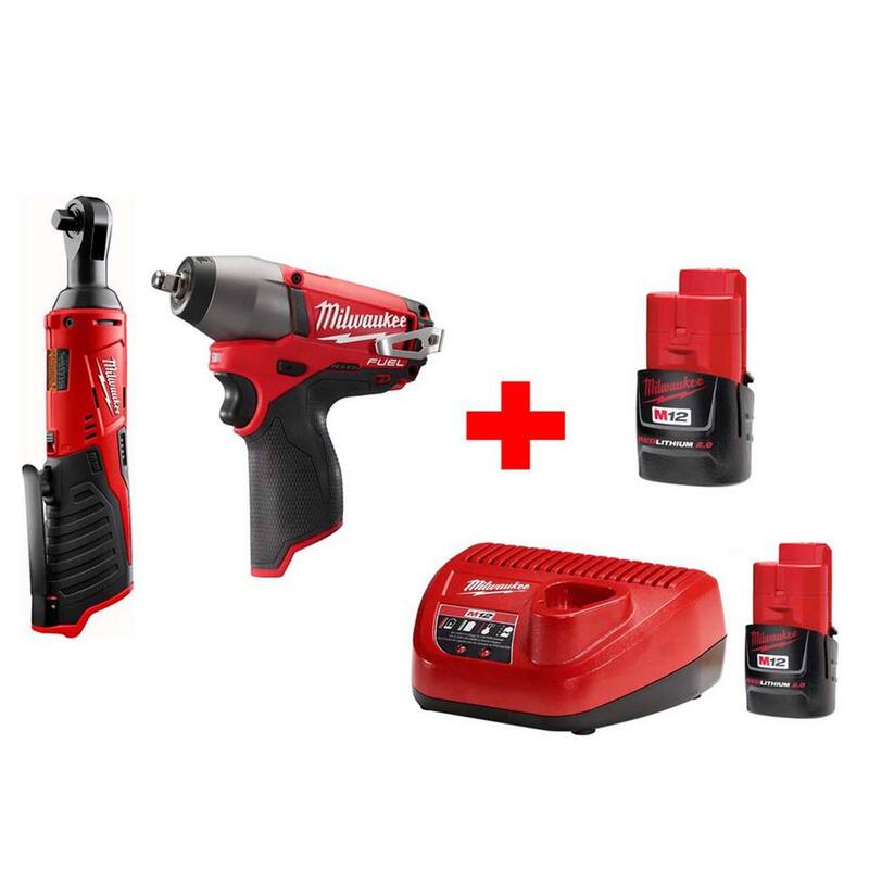 Kit combinado de trinquete inalámbrico de 3/8 pulgadas y llave de impacto de 3/8 pulgadas de 12 voltios de iones de litio Milwaukee M12 (2 herramientas) - 2457-20-2454-20-48-59-2420-48-11-2420