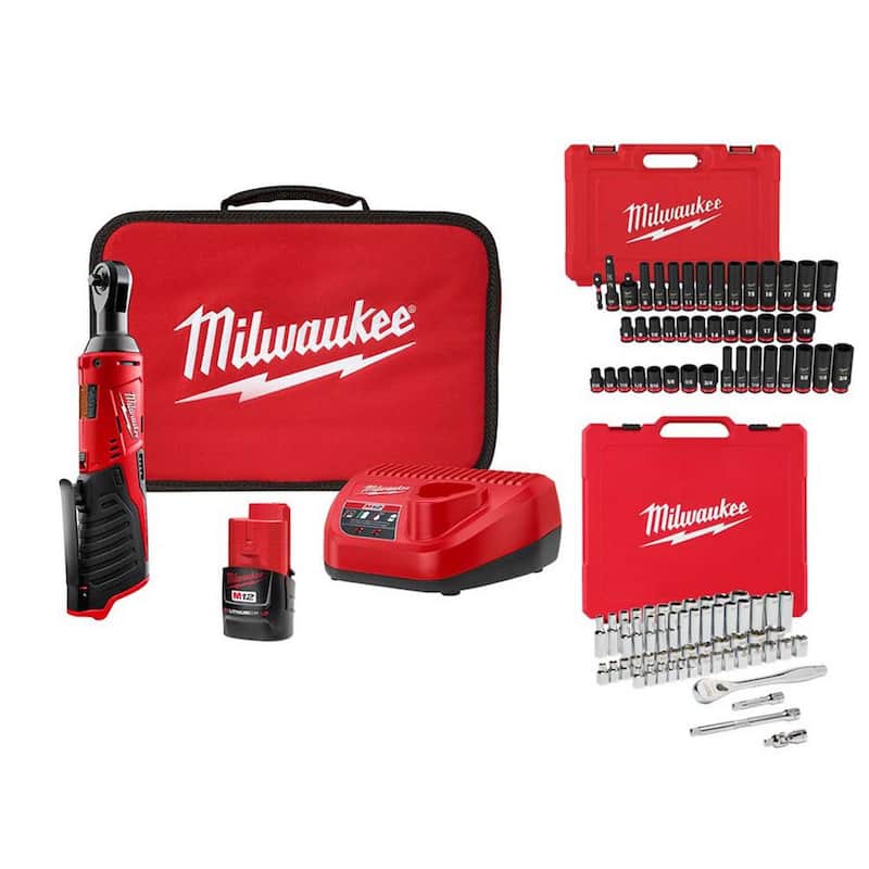 Juego de trinquete inalámbrico con batería de iones de litio Milwaukee M12 12V de 3/8 pulgadas con juego de dados métricos y SAE para mecánica e impacto de 3/8 pulgadas (100 piezas) - 2457-21-48-22-9008-49-66-7009.