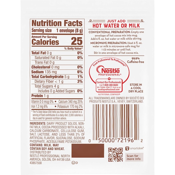 Nestle Nestle Fat Free No Sugar Added Hot Cocoa Mix .28 oz. Pouch, PK180 - 00050000614110