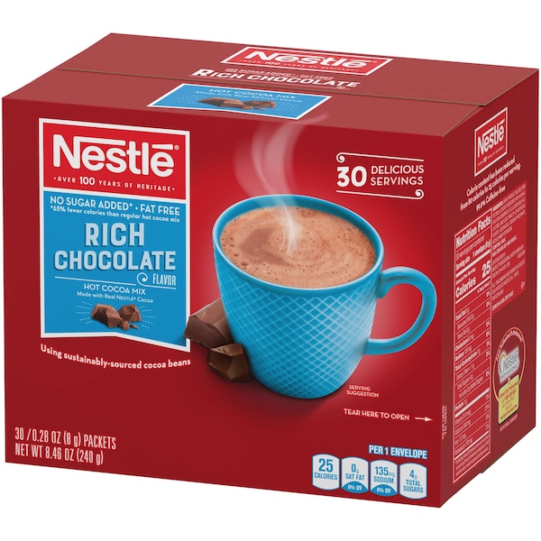 Nestle Nestle Fat Free No Sugar Added Hot Cocoa Mix .28 oz. Pouch, PK180 - 00050000614110