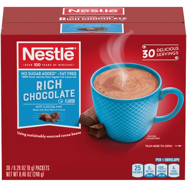 Nestle Nestle Fat Free No Sugar Added Hot Cocoa Mix .28 oz. Pouch, PK180 - 00050000614110