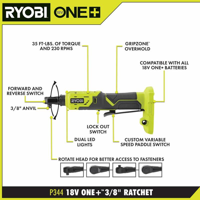 RYOBI ONE+ Llave de trinquete inalámbrica de 18V y 3/8 de pulgada con 4 posiciones y batería de 2.0 Ah - P344-PBP006