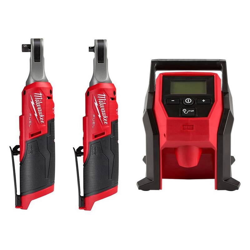 Llave de trinquete inalámbrica sin escobillas de iones de litio de 12 voltios Milwaukee M12 FUEL de alta velocidad de 3/8 pulg. con trinquete de alta velocidad de 1/4 pulg. e inflador - 2567-20-2566-20-2475-20