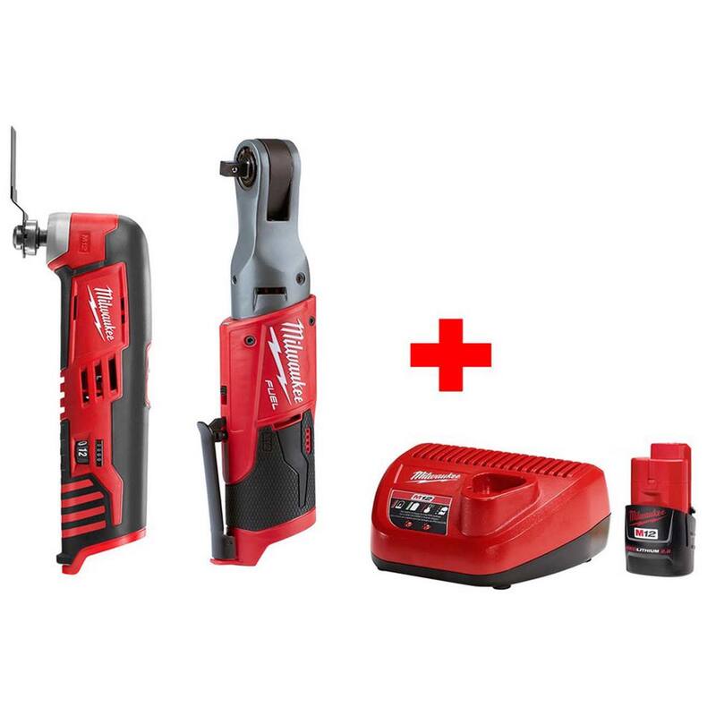 Milwaukee M12 FUEL 12-Volt Lithium-Ion Brushless Cordless 3/8 in. Ratchet Multi-Tool Combo Kit con (1) Batería 2.0Ah y Cargador - 2557-20-2426-20-48-59-2420