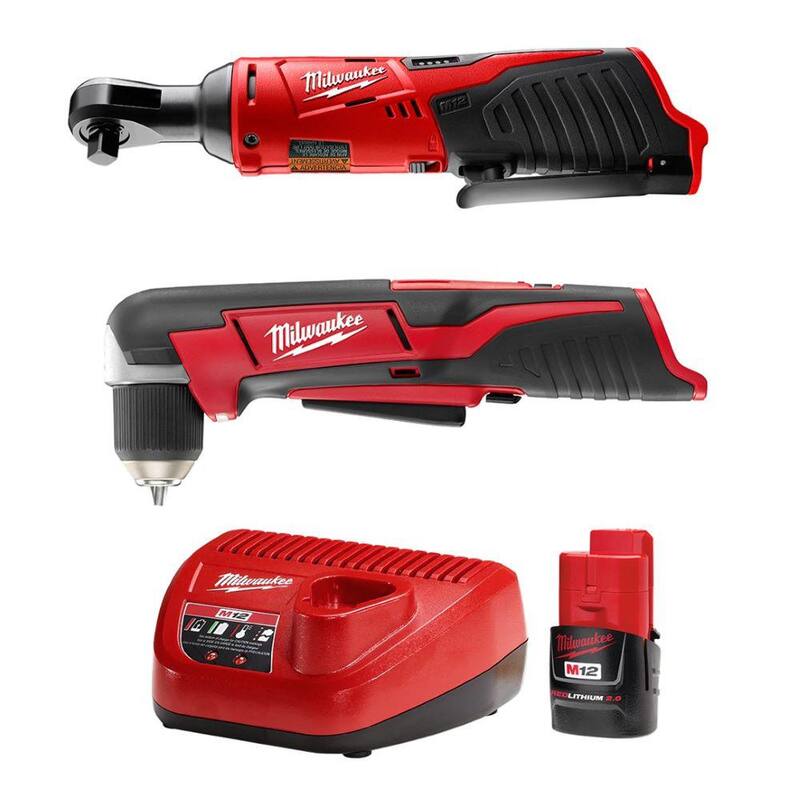 Milwaukee M12 12-Volt Inalámbrico de Iones de Litio 3/8 in. Trinquete (Herramienta Únicamente) y Taladro Angular Derecho de 3/8 in. M12 con Kit de Inicio M12 - 2457-20-2415-20-48-59-2420