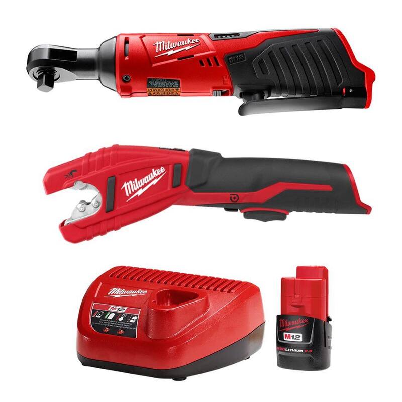 Milwaukee M12 12-Volt Lithium-Ion 3/8 in. Ratchet (solo herramienta) y M12 Cortador de tubos de cobre (solo herramienta) con kit de inicio M12 - 2457-20-2471-20-48-59-2420