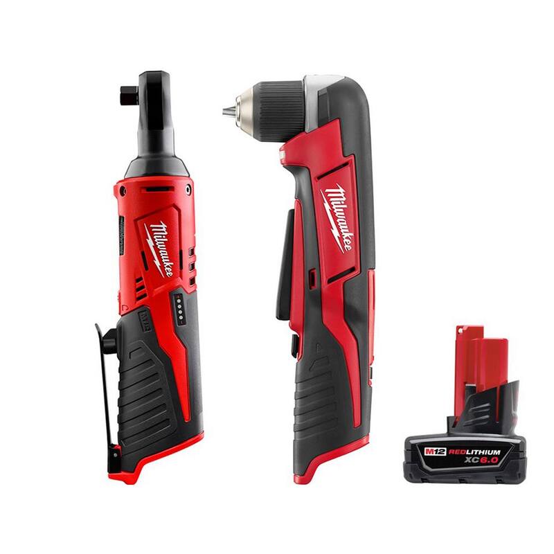 Juego de Llave de Trinquete Inalámbrica de Iones de Litio de 12 Voltios Milwaukee M12 de 3/8 pulg. con Taladro Angular Derecho M12 de 3/8 pulg. y Paquete de Batería XC de 6.0 Ah - 2457-20-2415-20-48-11-2460