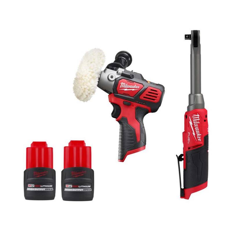 Llave de trinquete inalámbrica de alta velocidad Milwaukee M12 FUEL de 3/8 pulg con alcance extendido y pulidor/lija de velocidad variable, con (2) baterías de 2.5 Ah HO - 2569-20-2438-20-48-11-2425-48-11-2425