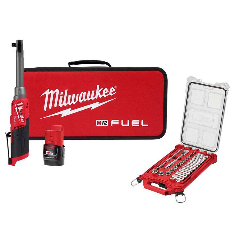 Milwaukee M12 FUEL 12V Iones de Litio 3/8 in. Llave de trinquete inalámbrica de alta velocidad de alcance extendido Kit con maletín de herramientas para mecánicos de 3/8 in. de transmisión - 2569-21-48-22-9481