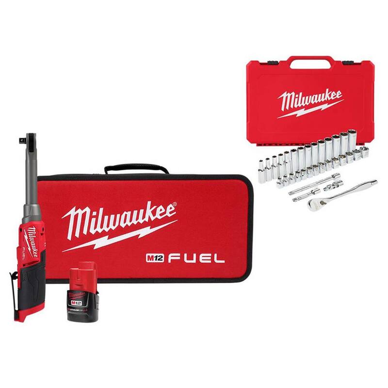 Milwaukee M12 FUEL Kit de Trinquete Inalámbrico de Alta Velocidad con Alcance Extendido de 3/8 pulg. de Iones de Litio de 12V y Juego Mecánico de 3/8 pulg. de Unidad (32 Piezas) - 2569-21-48-22-9508