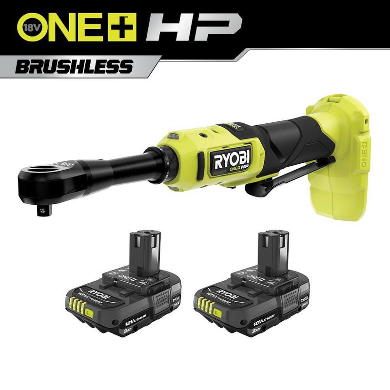 RYOBI ONE+ HP 18V Llave de trinquete inalámbrica sin escobillas de 3/8 pulgadas con alcance extendido y batería de 2.0 Ah (paquete de 2) - PBLRC25B-PBP2006