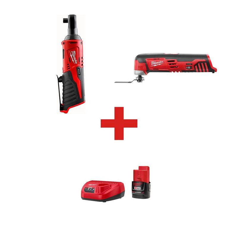 Milwaukee M12 12-Volt Llave de trinquete inalámbrica de 3/8 pulgadas de iones de litio (solo herramienta) y Multi-Herramienta M12 (solo herramienta) con Kit de inicio M12 - 2457-20-2426-20-48-59-2420