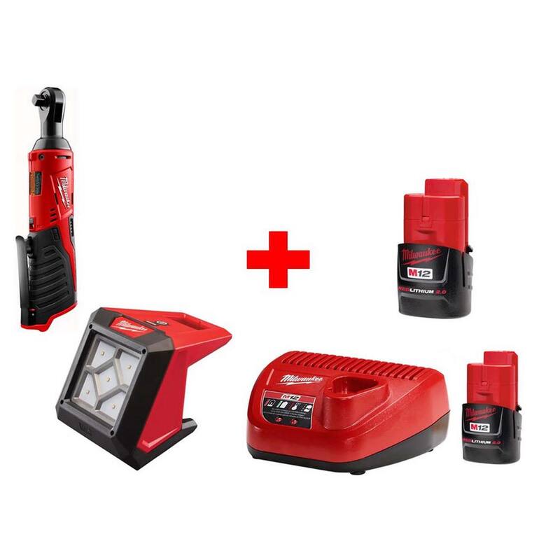 Milwaukee M12 12-Volt Lithium-Ion Inalámbrico Ratchet de 3/8 pulg. y Combo de Luz de Inundación LED (Kit de 2 herramientas) - 2457-20-2364-20-48-59-2420-48-11-2420