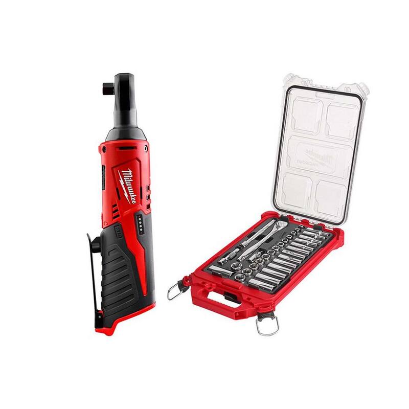 Milwaukee M12 12V Lithium-Ion 3/8 in. Llave de trinquete inalámbrica con accionamiento de 3/8 in. Juego de herramientas mecánicas métricas de trinquete y dado con estuche PACKOUT - 2457-20-48-22-9482