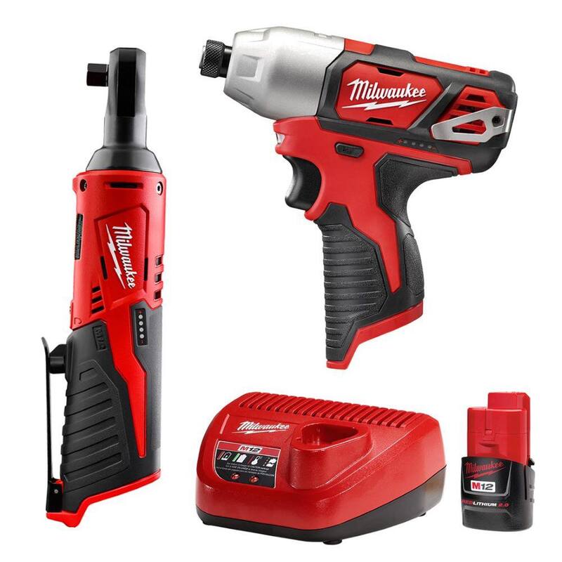 Llave de trinquete inalámbrica de 12 voltios Milwaukee M12 de 3/8 pulg. de iones de litio (solo herramienta) e Impacto hexagonal de 1/4 pulg. Milwaukee M12 (solo herramienta) con kit de inicio M12 - 2457-20-2462-20-48-59-2420