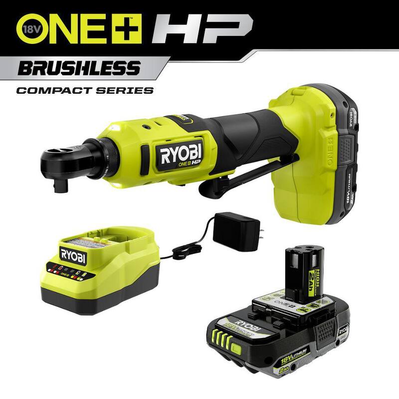 RYOBI ONE+ 18V HP Sin Escobillas 3/8 pulgadas Kit de Trinquete de Alta Velocidad con Batería de 2.0 Ah, Cargador y Batería de Alto Rendimiento de 2.0 Ah - PSBRC26K1-PBP003