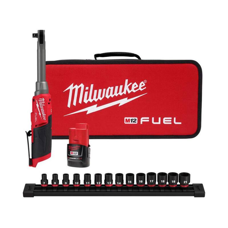 Juego de trinquete inalámbrico de alta velocidad Milwaukee M12 FUEL de 12V de iones de litio sin escobillas de 3/8 pulgadas de alcance extendido y juego de llaves métricas - 2569-21-49-66-7007