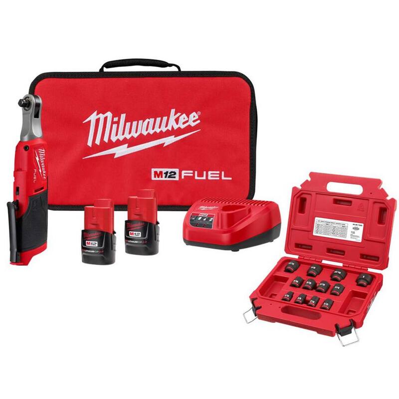 Juego de Trinquete Inalámbrico Milwaukee M12 FUEL 12V Li-Ion sin escobillas de alta velocidad de 3/8 pulg. con Kit de baterías, cargador, Bat y juego de dados SAE - 2567-22-49-66-7005