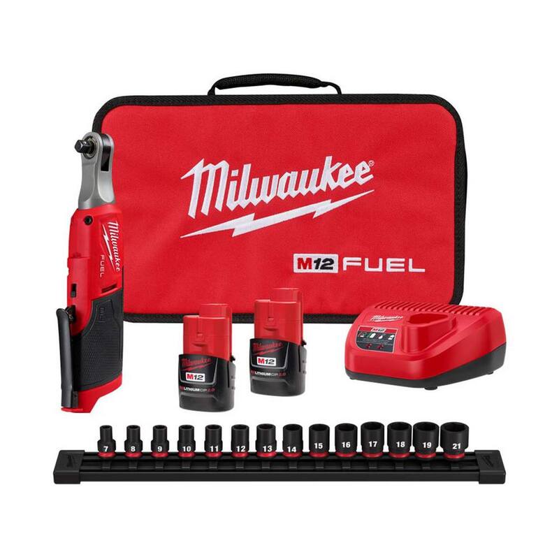 Kit de trinquete inalámbrico Milwaukee M12 FUEL 12V Li-Ion Brushless de alta velocidad de 3/8 in. con (2) baterías, cargador, bolsa y juego de llaves métricas - 2567-22-49-66-7007