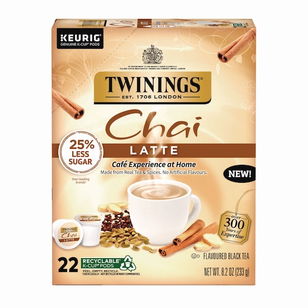 Twinings Tea K-Cups, Chai Tea with Non-Fat Milk and Sweetener, 25% Less Sugar, 0.53 oz K-Cups, 22PK - TNA78919