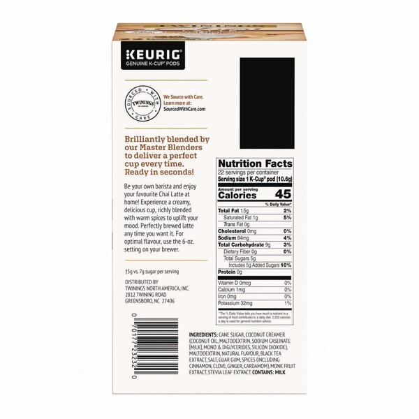 Twinings Tea K-Cups, Chai Tea with Non-Fat Milk and Sweetener, 25% Less Sugar, 0.53 oz K-Cups, 22PK - TNA78919
