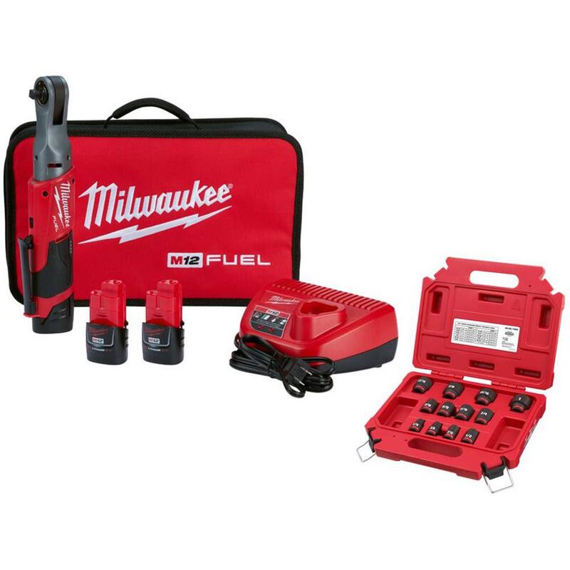 Milwaukee M12 FUEL 12V Lithium-Ion Brushless 3/8 in. Kit de Llave de Trinquetes Inalámbrica con (2) Baterías de 2.0Ah, Cargador, Bolsa y Juego de Dados SAE - 2557-22-49-66-7005